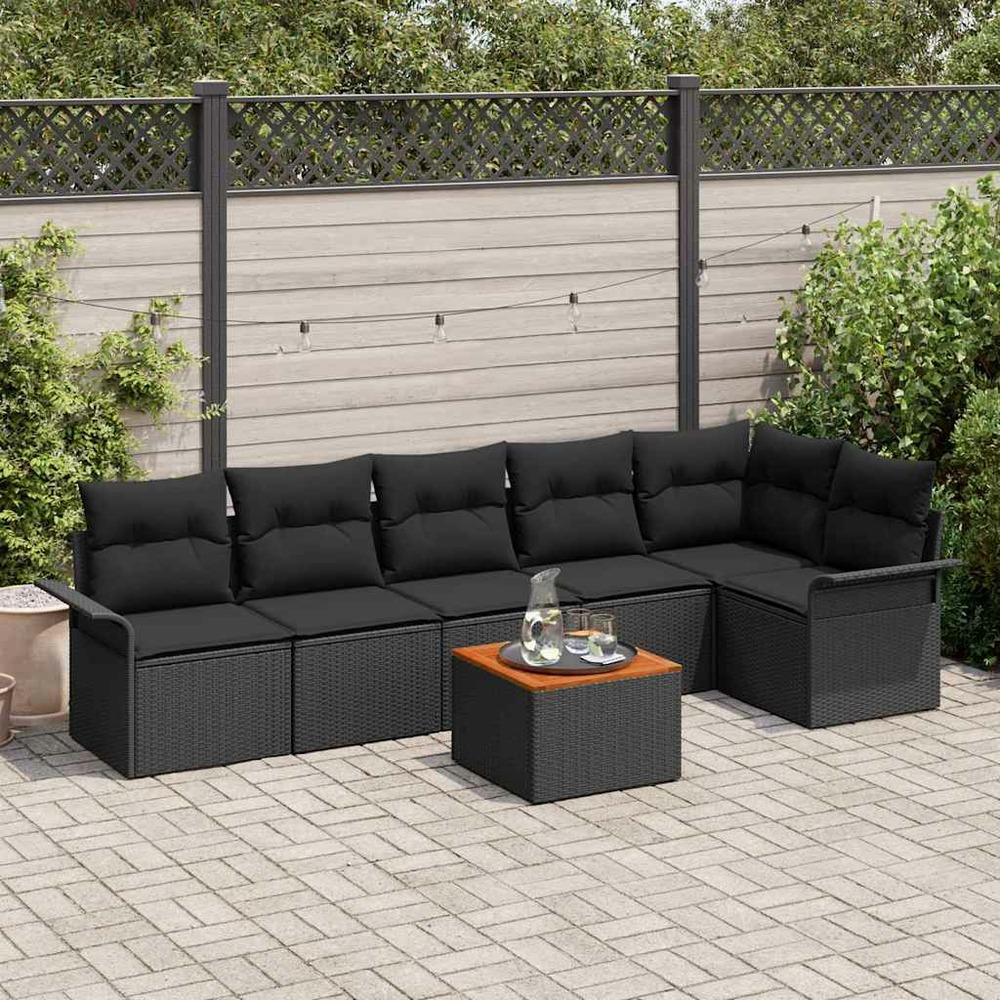 Ensemble de canapé de jardin avec coussin 7 pcs noir polyrotin