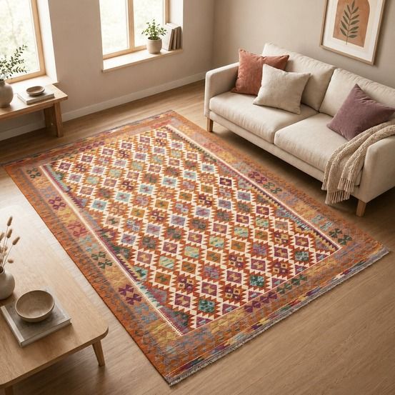 Tapis kilim 204 x 300 cm, multicolore, orange et rouge, en laine, kilim 51