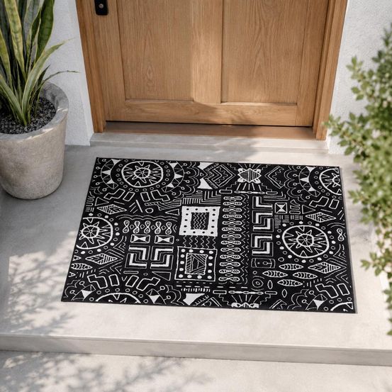 Tapis chambre 80x150 tissé noir rectangle motif ethnique lyn1 motif