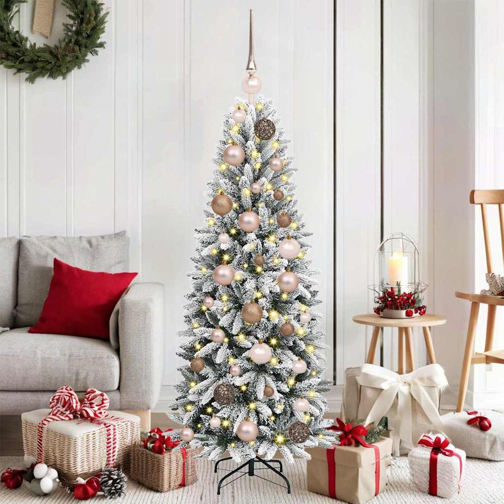 Sapin artificiel blanc floqué 1.20m, décoration de noël lumineuse complète