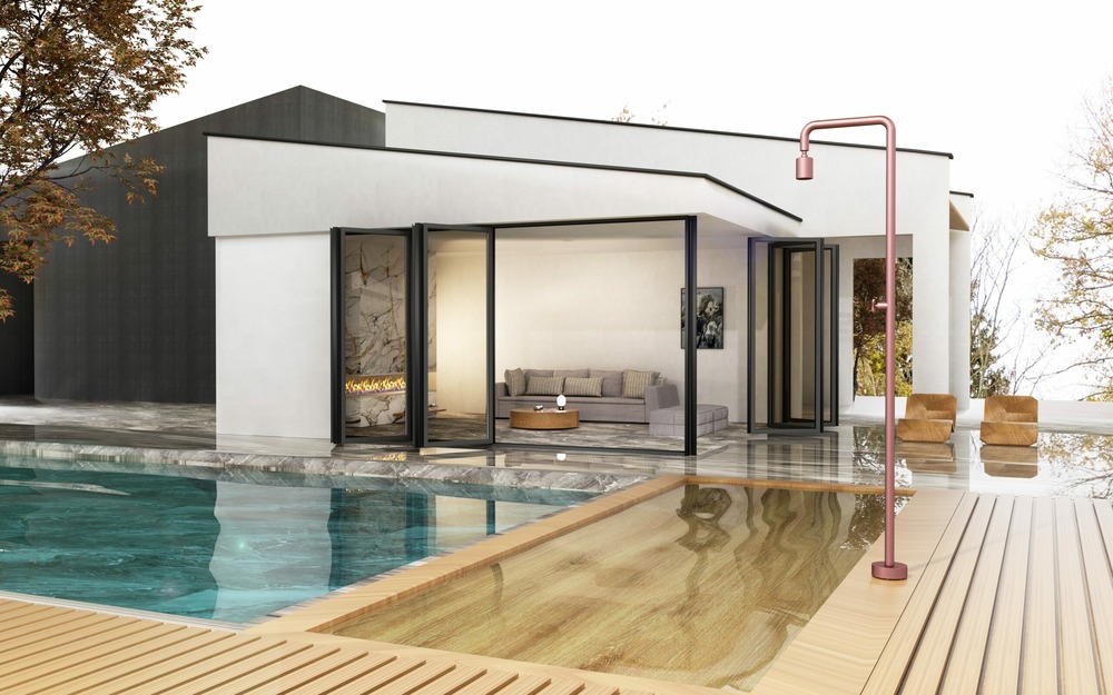 Douche en acier 316 rose corail pour piscine design elegant et resistant