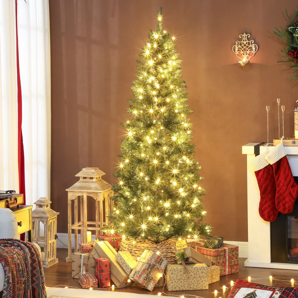 Sapin de noël artificiel fin 180 cm vert, 899 pointes, 250 lumières, support métal pliable