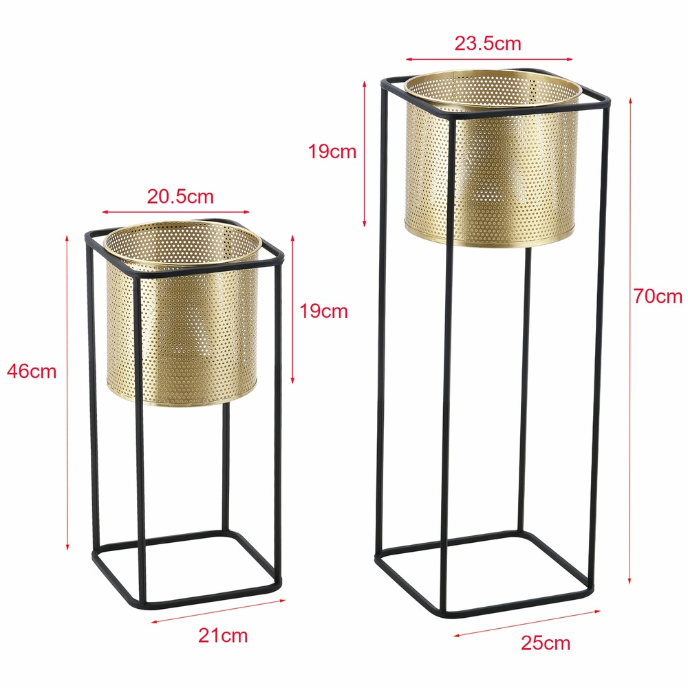 Lot de 2 supports de plante set cache-pot pot de fleur bac à fleurs vase métal tailles différentes noir doré