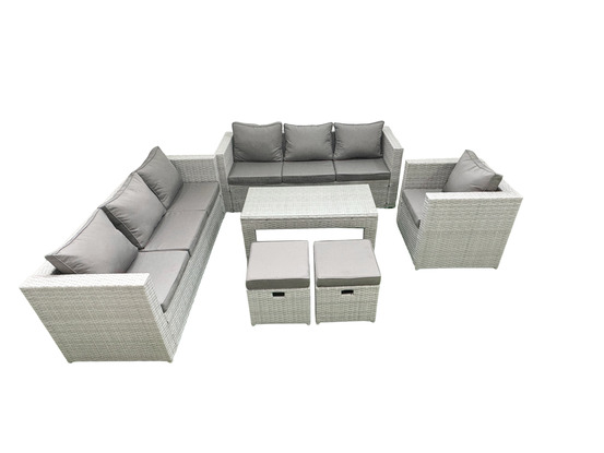 Meubles d'extérieur en rotin avec table basse oblongue fauteuil 2 petits tabourets gris clair mixte
