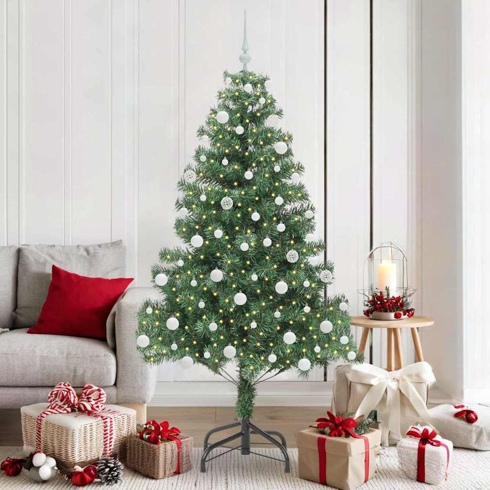 Grand sapin artificiel 1.80m tout inclus, 300 led 8 modes & 120 boules de noël vertes