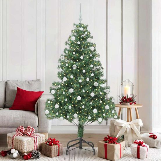 Grand sapin artificiel 1.80m tout inclus, 300 led 8 modes & 120 boules de noël vertes