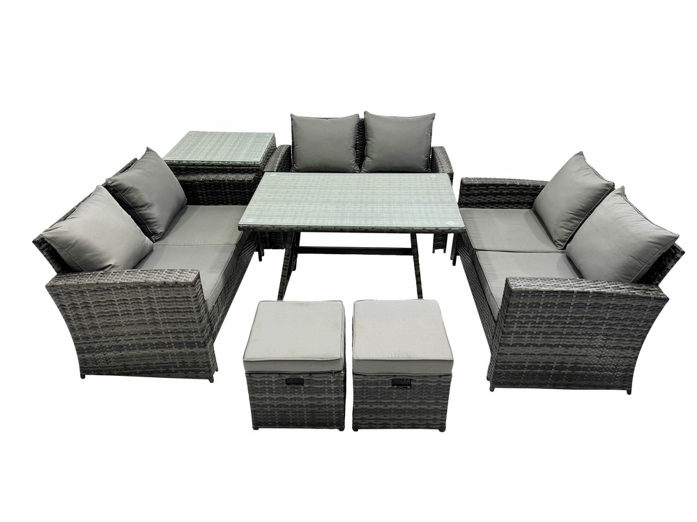 7 pcs salon de jardin avec table à manger rectangulaire canapé à deux places table d'appoint 2 petits tabourets gris foncé mixte