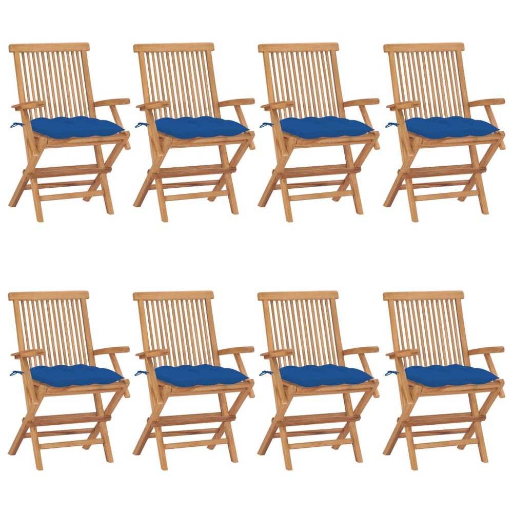 Chaises de jardin avec coussins bleu lot de 8 bois teck massif