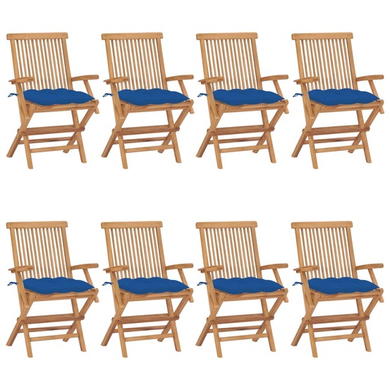 Chaises de jardin avec coussins bleu lot de 8 bois teck massif