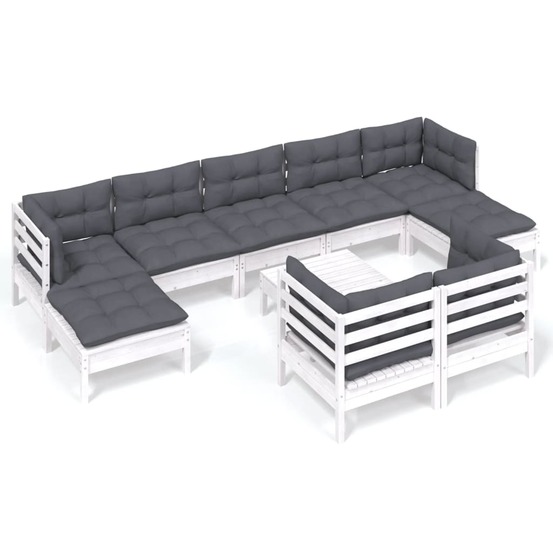 Salon de jardin 10 pcs avec coussins blanc bois de pin massif