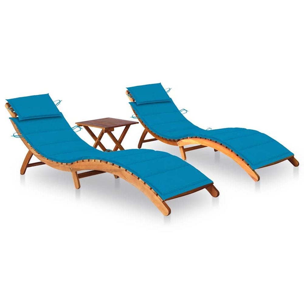 Chaises longues lot de 2 avec table et coussins acacia solide