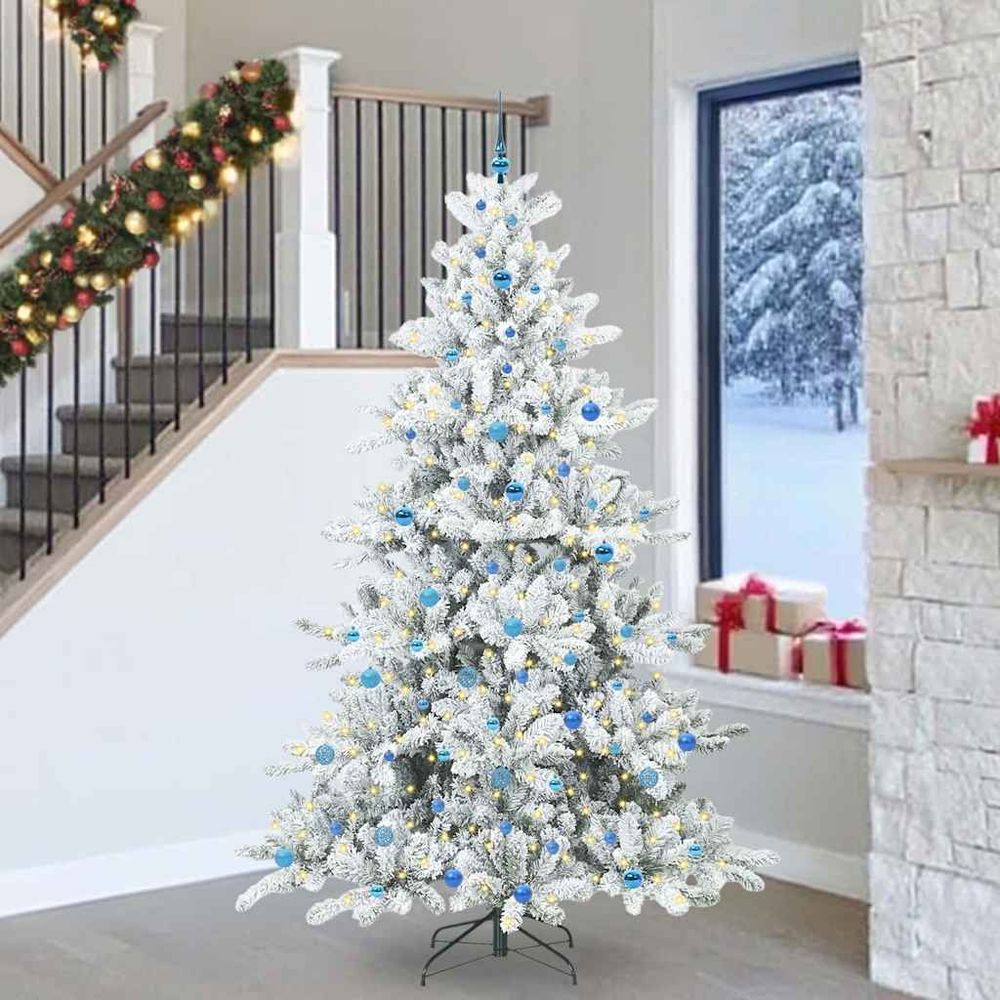 Haut sapin de noël artificiel 240cm blanc avec guirlande 300 led et kit boules