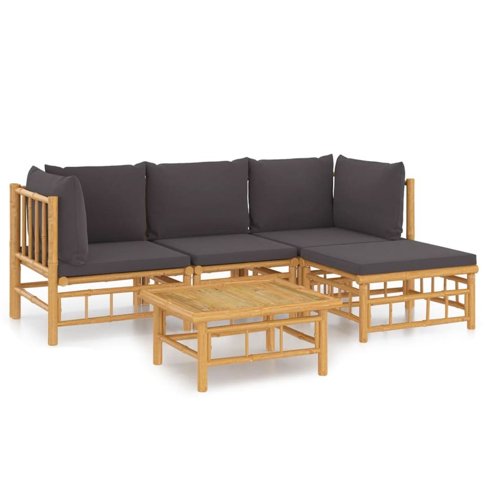 Salon de jardin 5 pcs avec coussins gris foncé bambou