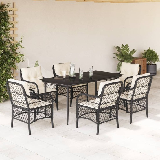 Ensemble à manger de jardin coussins 7pcs noir résine tressée