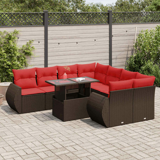 Salon de jardin avec coussins 9pcs marron résine tressée acacia