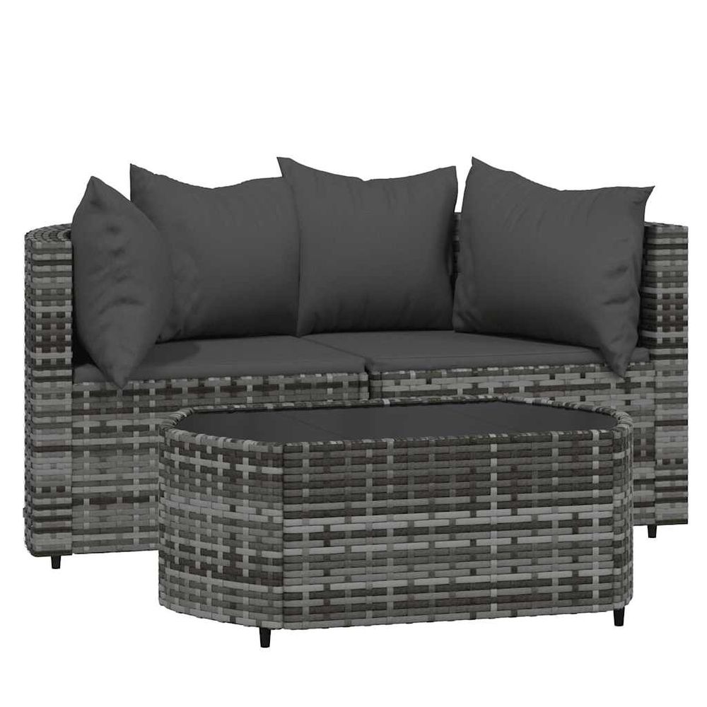 Salon de jardin 3 pcs avec coussins gris résine tressée