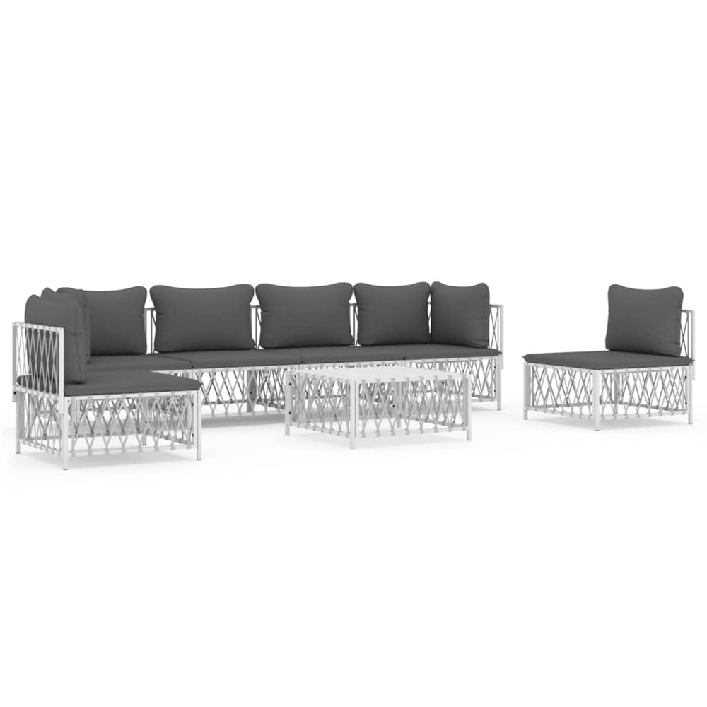 Salon de jardin 7 pcs avec coussins blanc acier