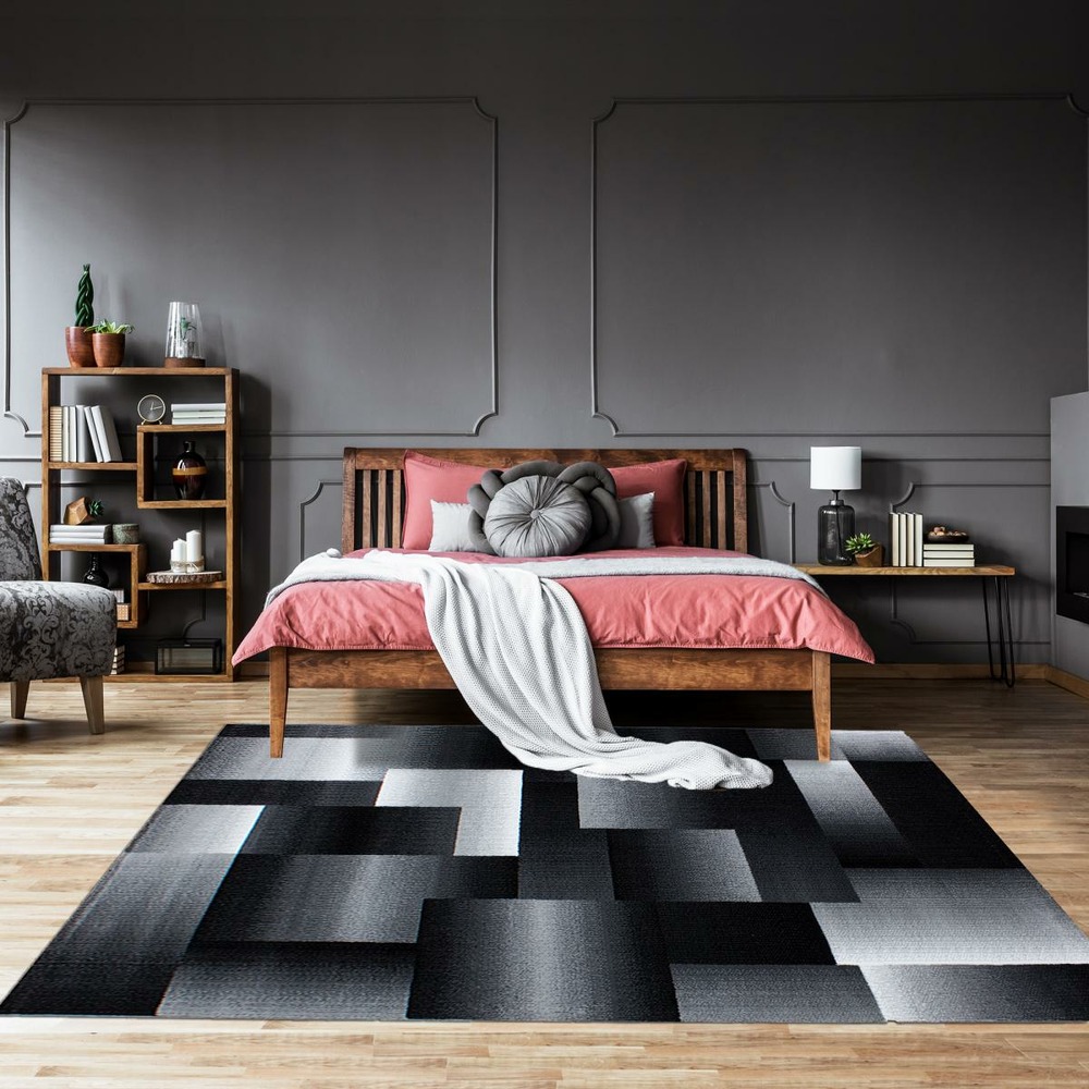 Tapis de couloir 80x300 tissé motif géométrique florina noir et gris