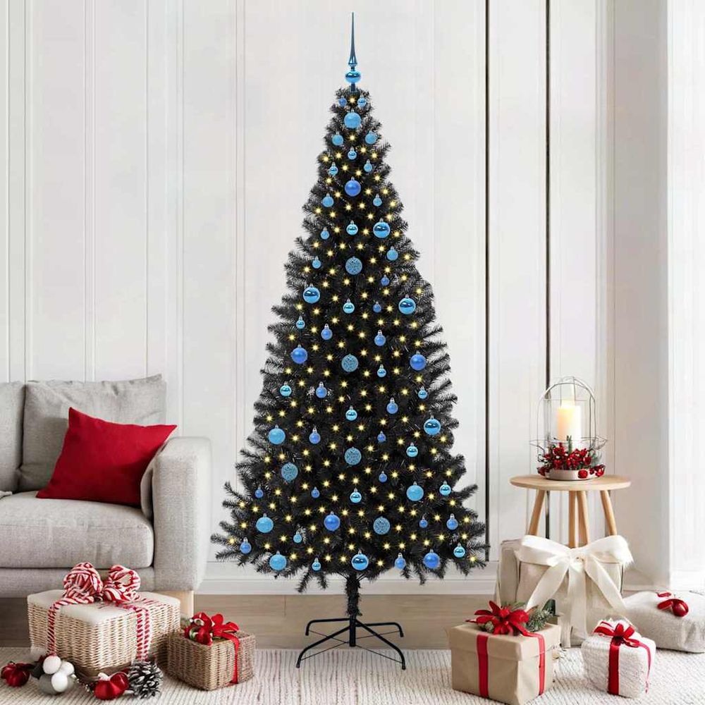 Sapin de noël original noir 2.10m, kit lumineux complet avec guirlande 300 led et boules