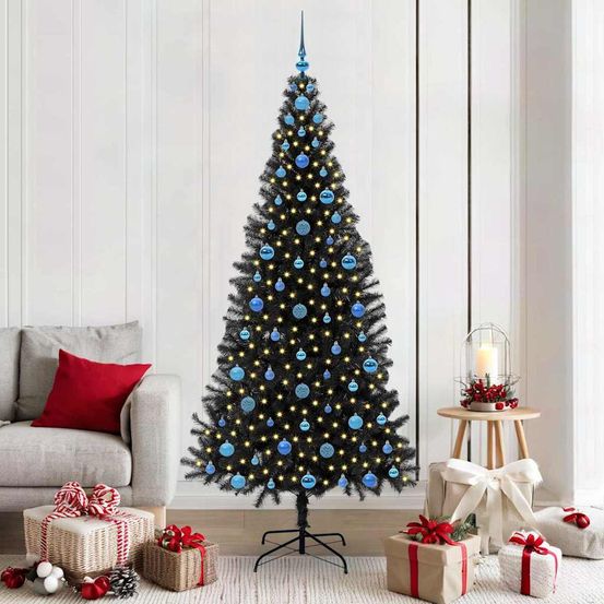 Sapin de noël original noir 2.10m, kit lumineux complet avec guirlande 300 led et boules