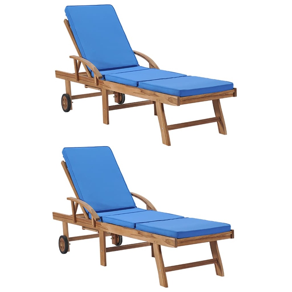 Lot de 2 transats chaise longue bain de soleil lit de jardin terrasse meuble d'extérieur avec coussins bois de teck solide bl