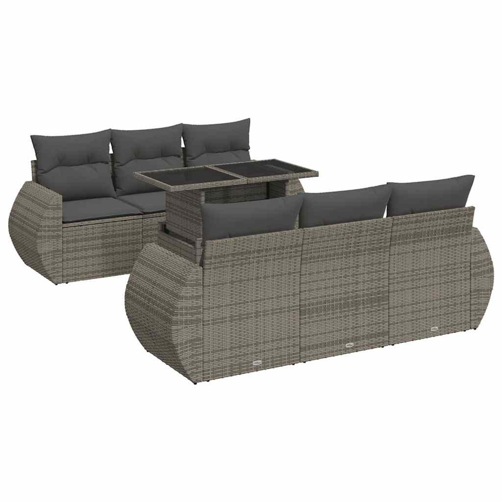 Salon de jardin avec coussins 7 pcs gris résine tressée