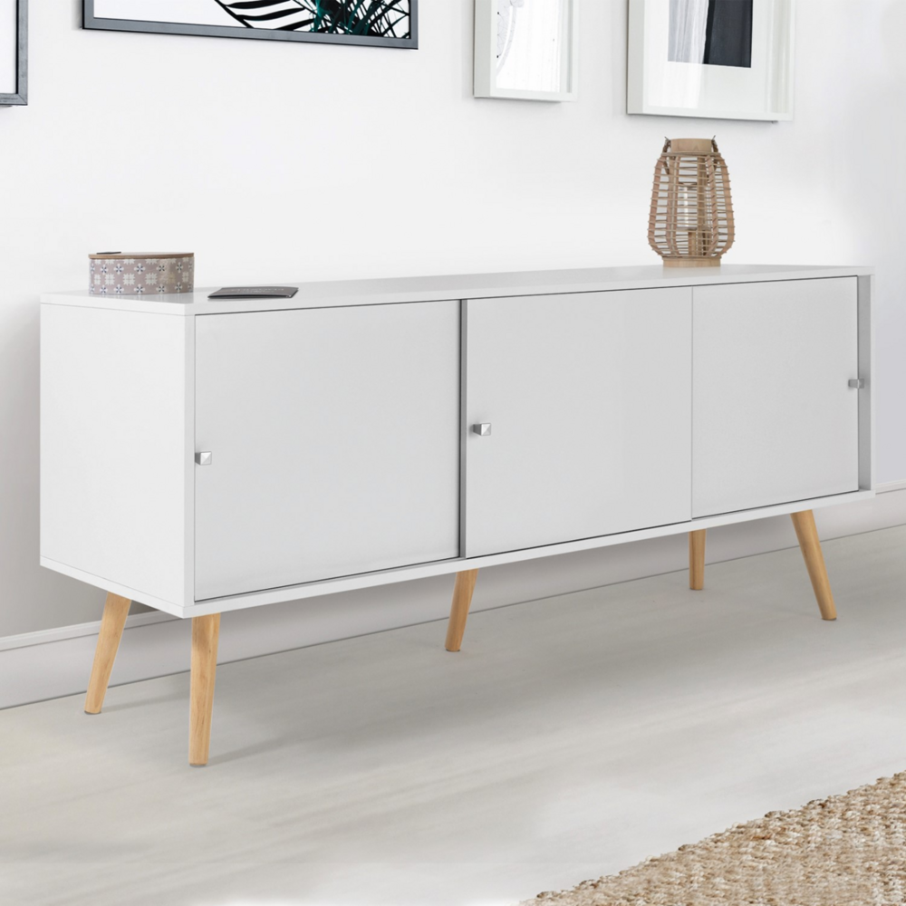 Buffet bas scandinave 135 cm effie 3 portes bois blanc