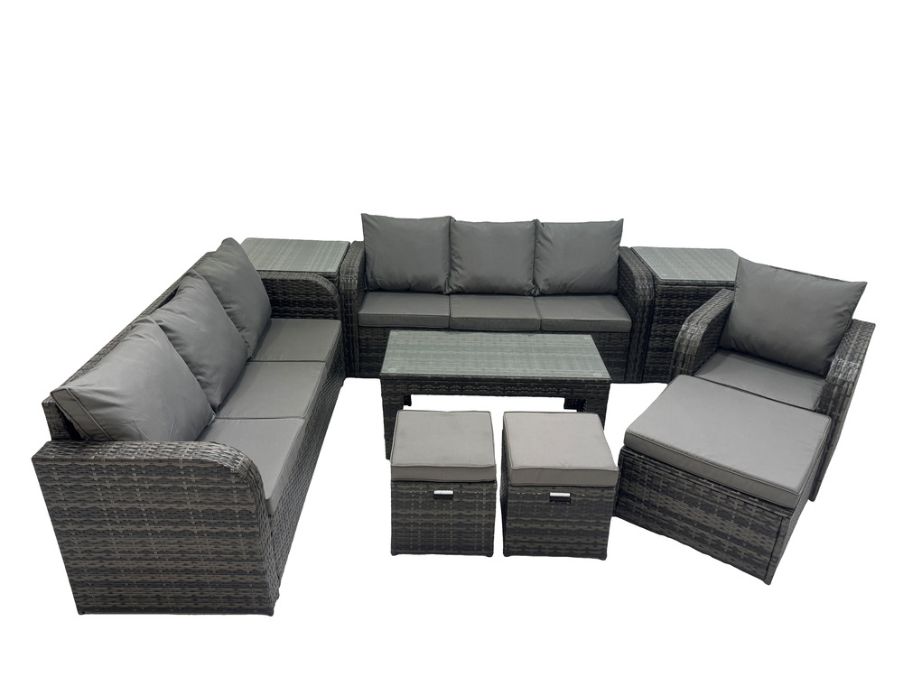 Ensemble de canapés en rotin 10 places salon de jardin avec table basse rectangulaire 3 tabourets canapé 3 places 2 tables d'appoint