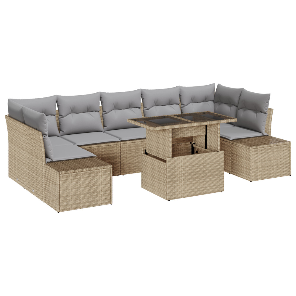 Ensemble de canapés de jardin 8 pièces avec coussins beige poly rotin