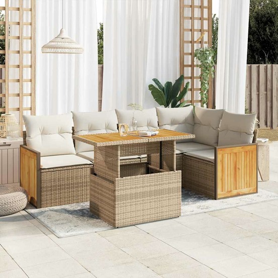 Salon de jardin 6 pcs avec coussins beige résine tressée acacia
