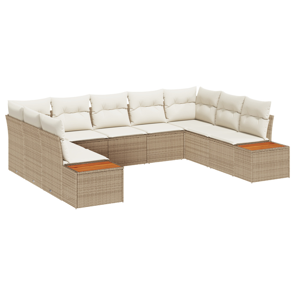 Ensemble de canapé de jardin 9 pièces avec coussins beige poly rattan acacia
