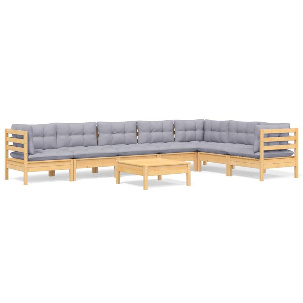Salon de jardin 8 pcs avec coussins gris bois de pin massif