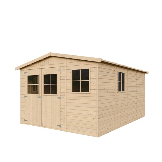 Abri de jardin en bois 11.97 m² - h226 x 324 x 416 cm - construction de panneaux en bois naturel - avec sol imprégné - m336+m336g