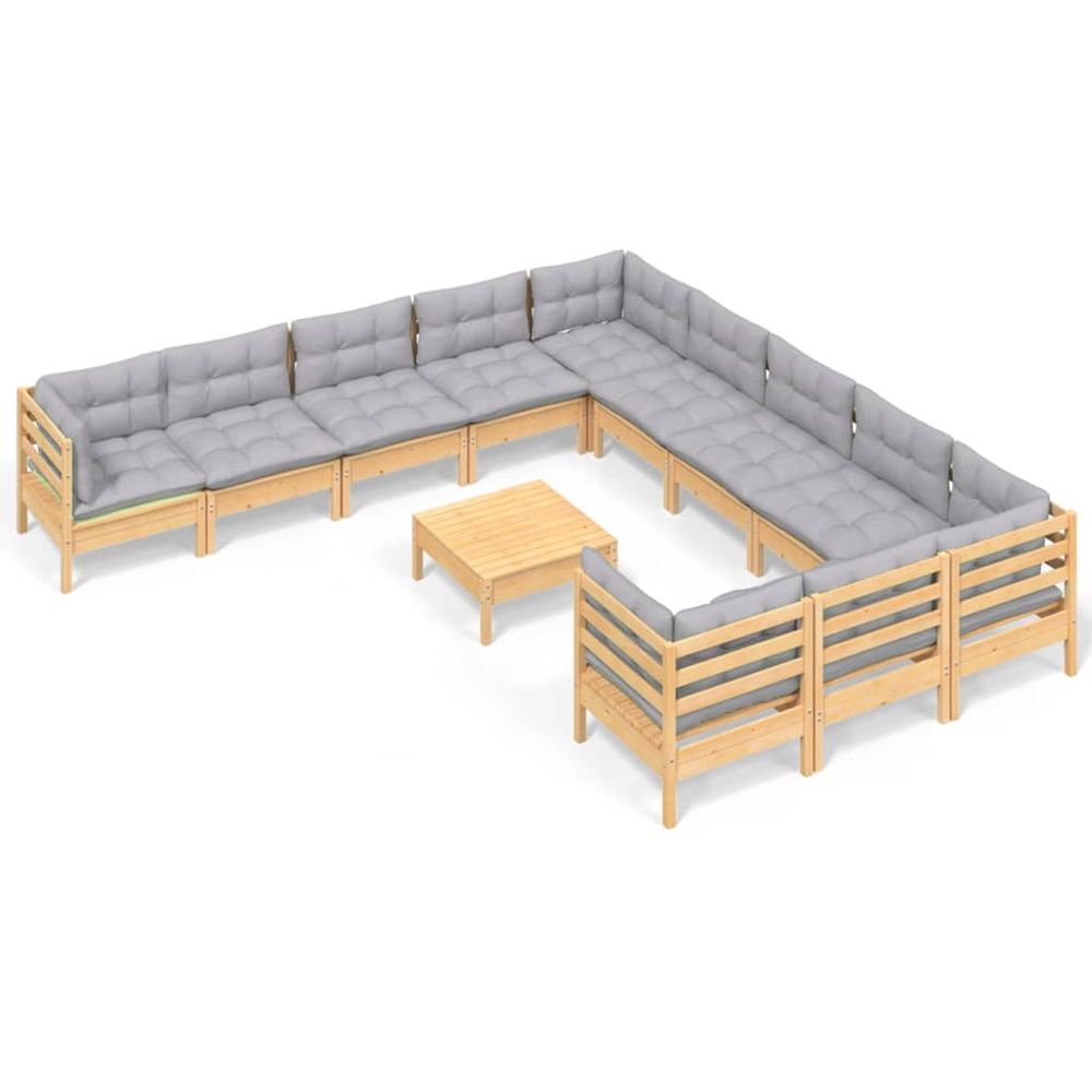 Salon de jardin 12 pcs avec coussins gris bois de pin