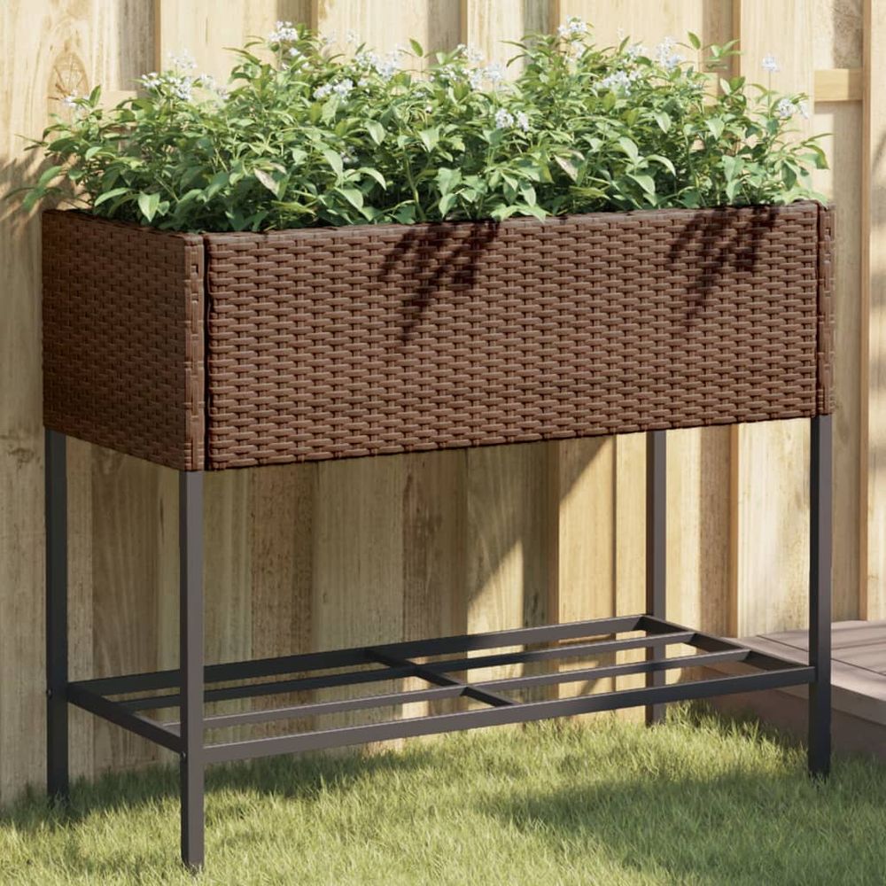 Jardinière surélevée résine tressée jardin avec étagère 90x40x75 cm marron