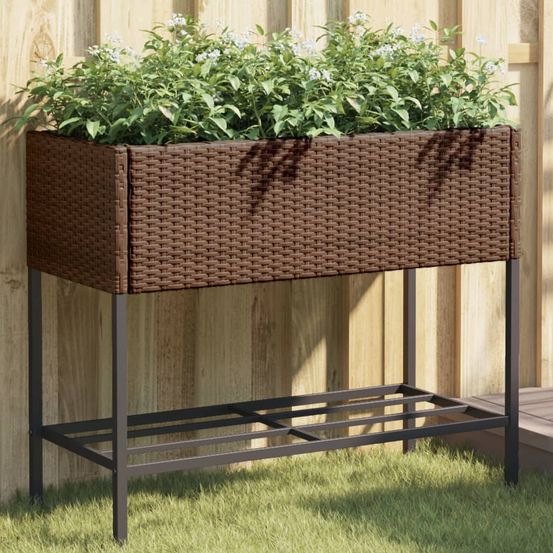 Jardinière surélevée résine tressée jardin avec étagère 90x40x75 cm marron
