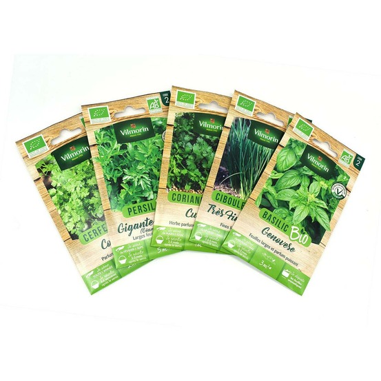Pack de 5 sachets graines aromatiques bio : basilic - ciboulette -coriandre - pe