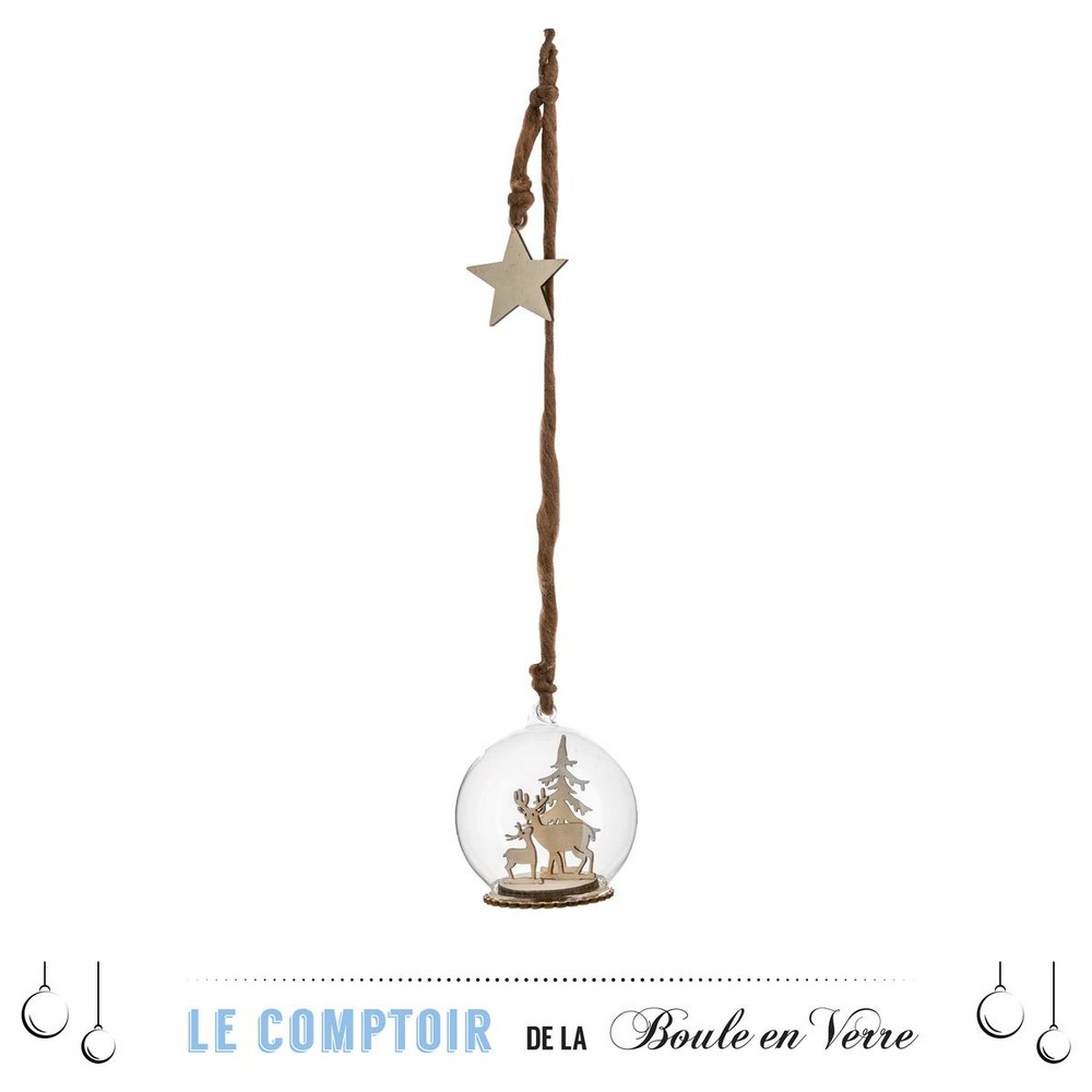 Boule de noël verre inséré décor bois