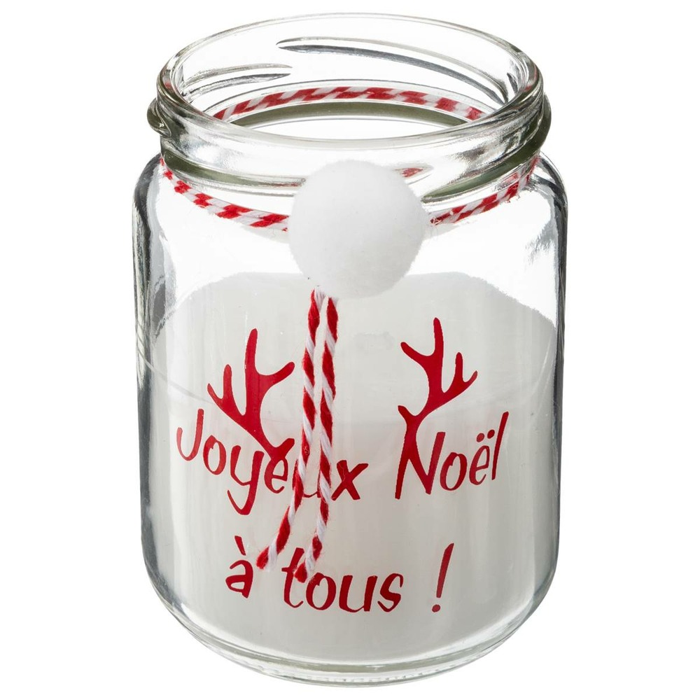 Bougie avec pompon 7x9cm 120 gr avec pot verre rouge blanc