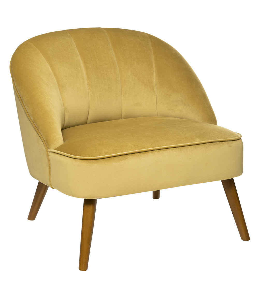 Fauteuil en velours moutarde et pieds en bois