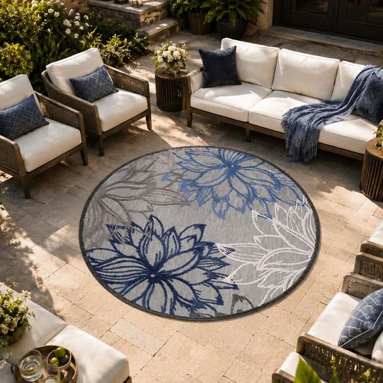 Tapis rond d'extérieur ø150cm tissé kilim gris et bleu chimeko