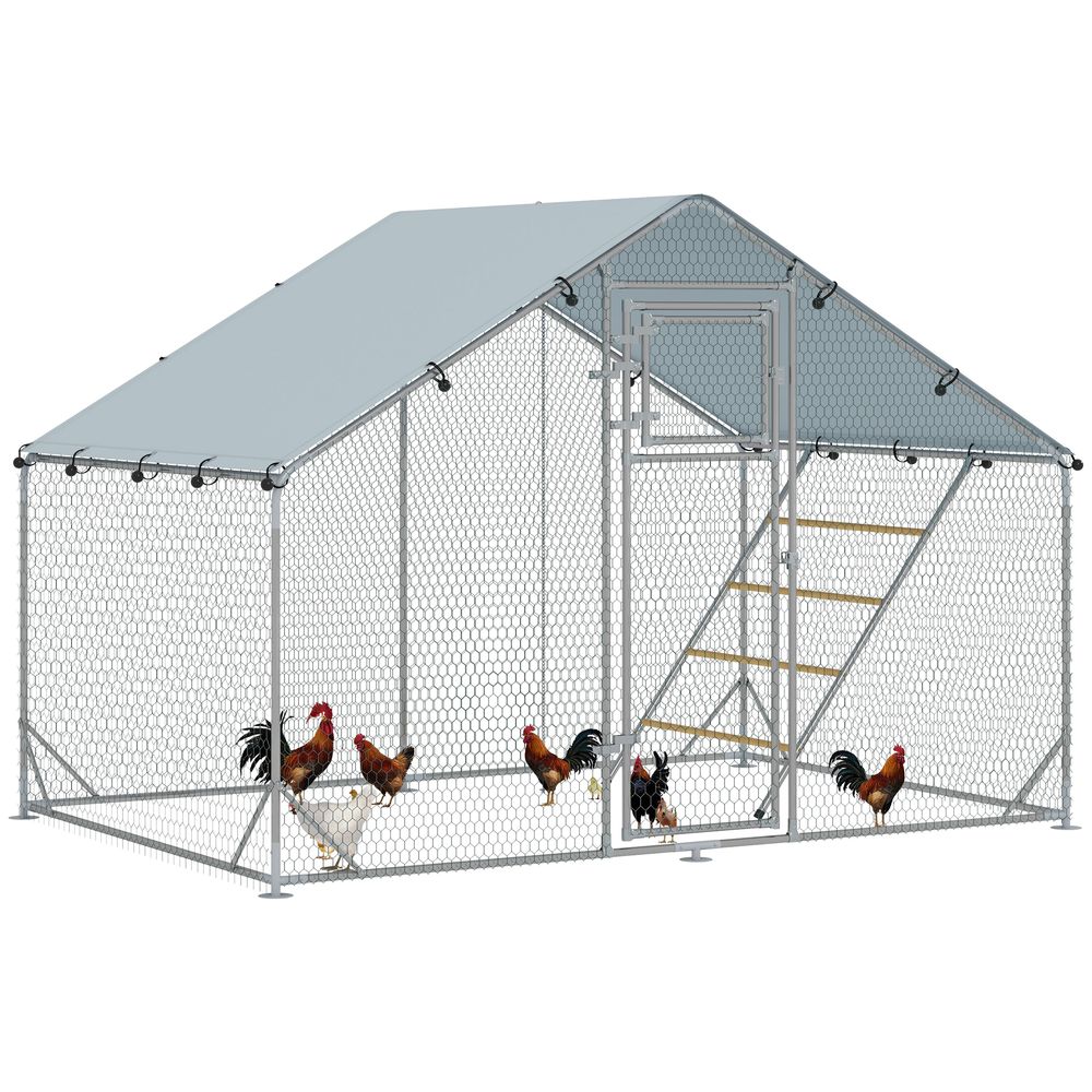 Parc grillagé extérieur acier galvanisé 6m² 6-8 poules bâche anti-uv 300x200x195cm argent