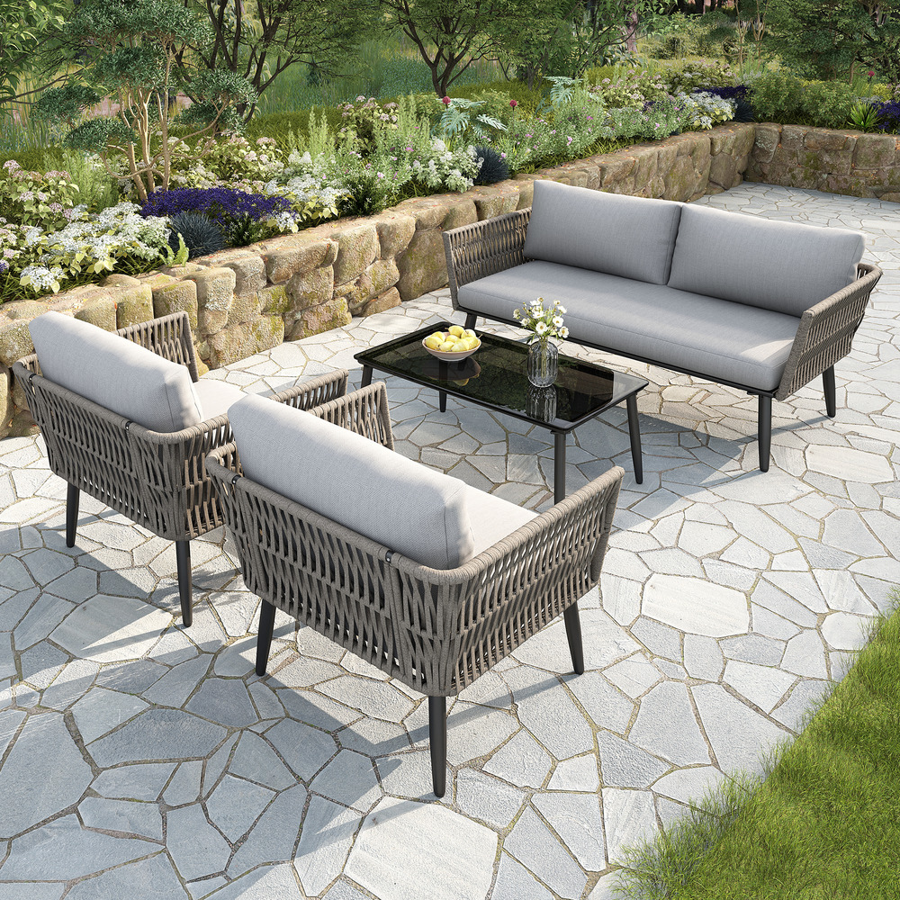 Ensemble jardin: canapé 2 pers +2 fauteuils + table basse, corde tressée pe, verre noir acier galvanisé gris