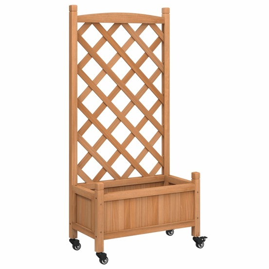 Jardinière avec treillis et roues marron bois massif de sapin