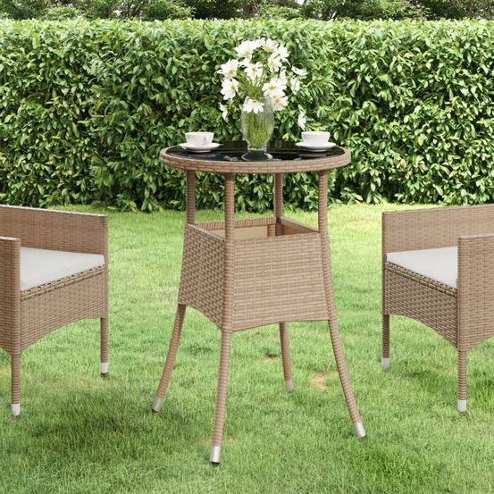 Table de jardin ø60x75 cm verre trempé/résine tressée beige