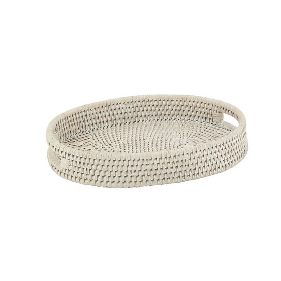 Plateau ovale en rotin patiné blanc