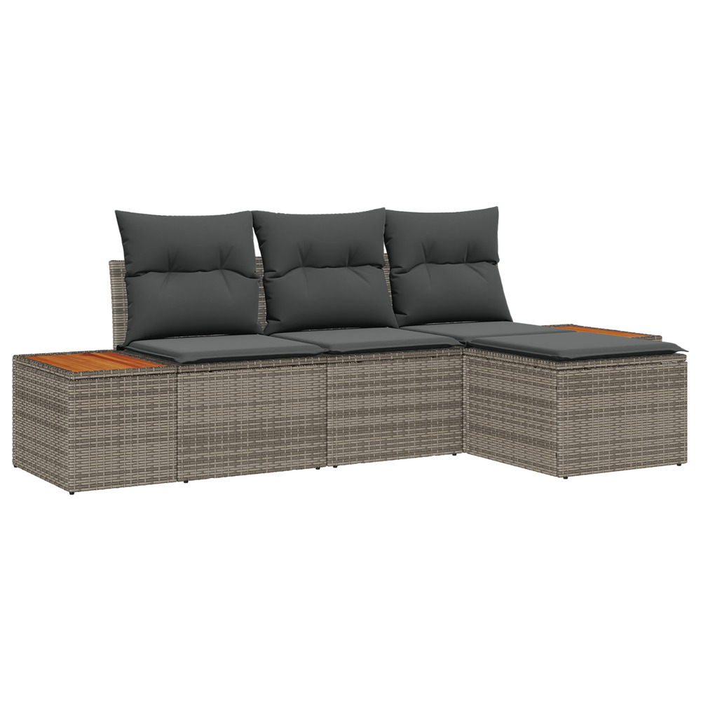 Ensemble de canapé de jardin 4 pièces avec coussins gris rattan poly acacia