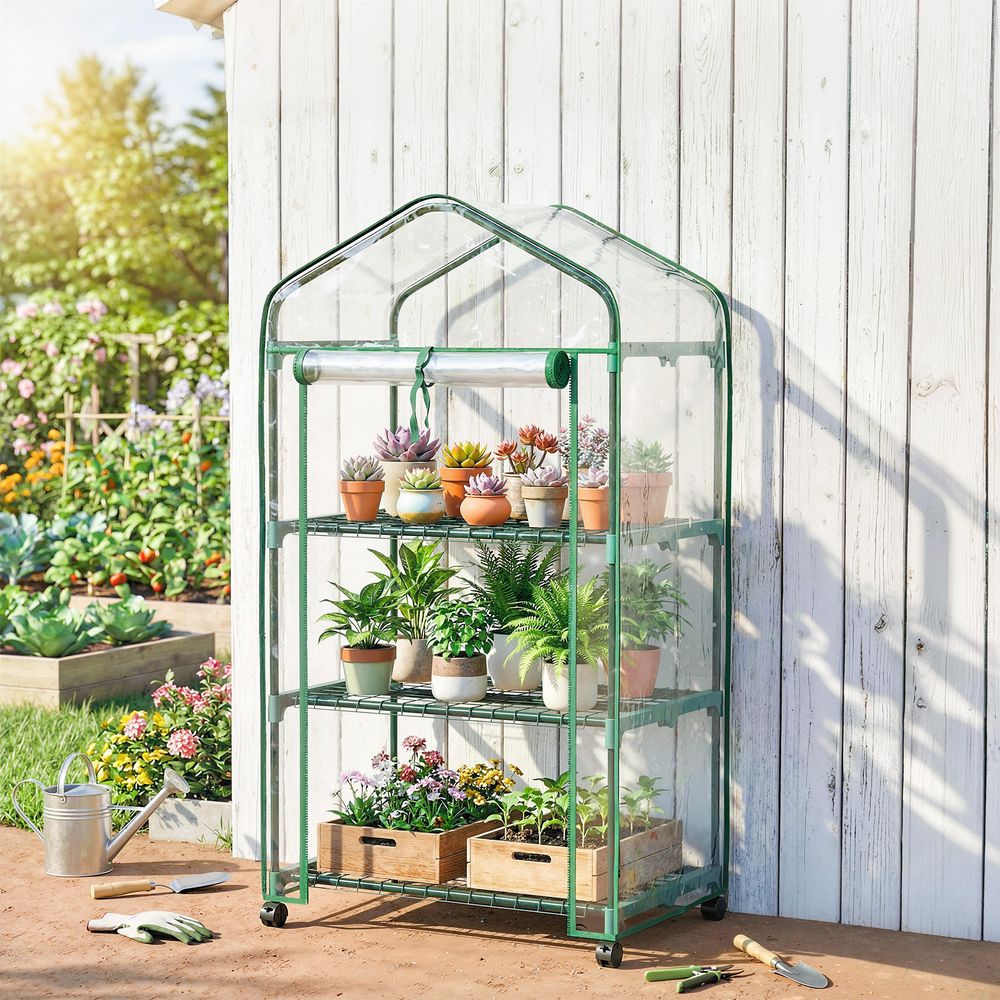 Mini serre de jardin pvc transparent 69 x 49 x 130 cm balcon 3 étagères roulettes - comfortxl outdoor living