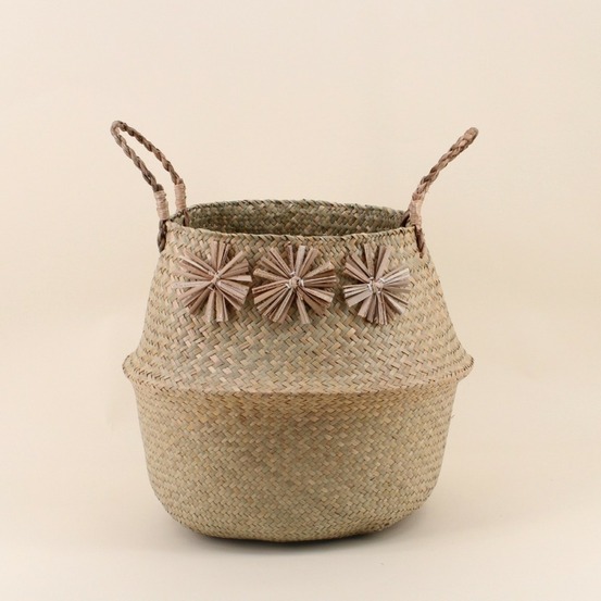 Panier en osier avec pompons 38x33cm