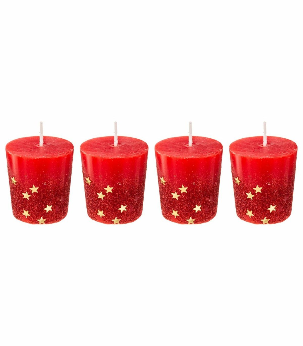 Lot de 4 bougies votive rouge étoiles et paillettes d 4 cm
